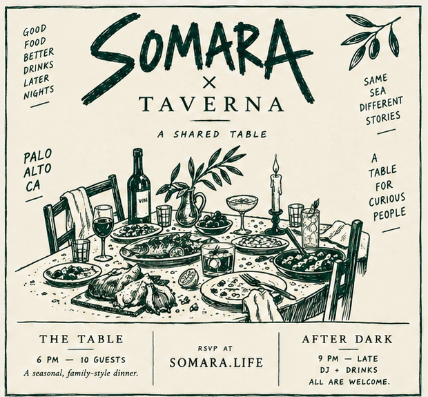 Illustrated flyer for Somara × Taverna, a shared table in Palo Alto